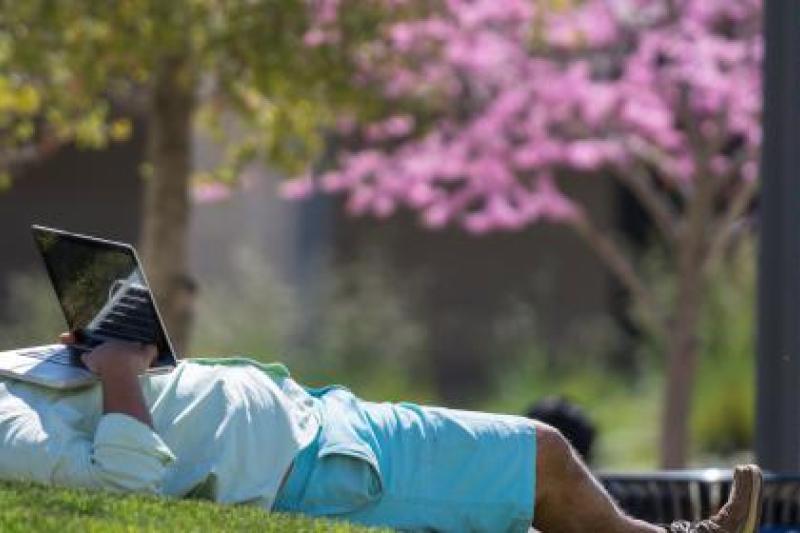 Student relaxing in the grass on campus